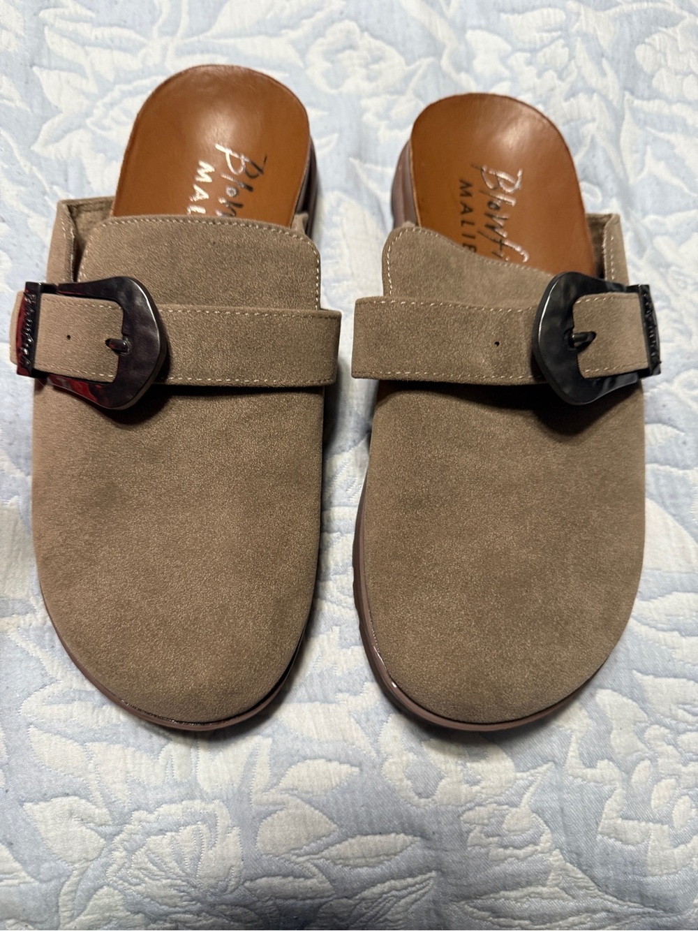 Suede Slip-On Mules with Decorative Buckle in Taupe